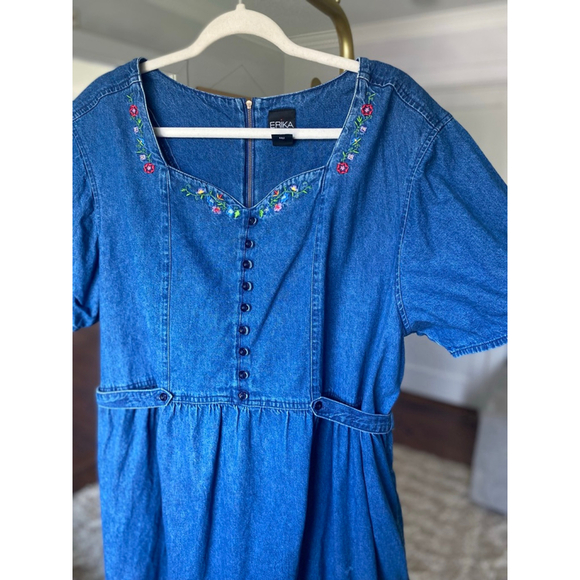 Vintage Erika Denim Maxi Dress Floral Embroidery Cottagecore V Neck Prairie Boho - Picture 12 of 13